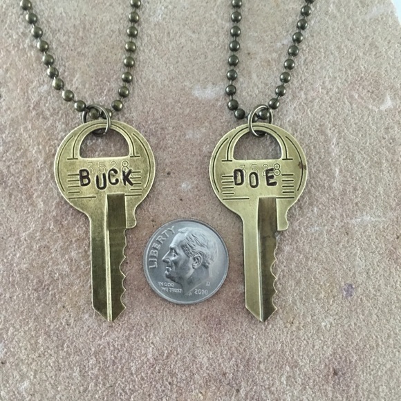 HAND CRAFTED Vintage Key Necklace Wedding Gift Set BUCK DOE Hand Stamped - Picture 3 of 3